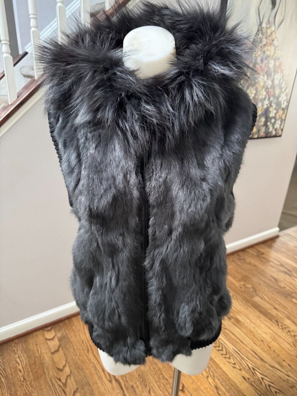 Jocelyn Genuine Rabbit Fur Hooded Vest with Fox Fur Trim Black Size Small
